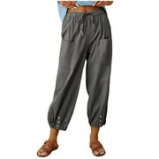 Women's Cotton Linen Pants Drawstring Elastic Waist Capri Pants Lounge Pants with Pockets